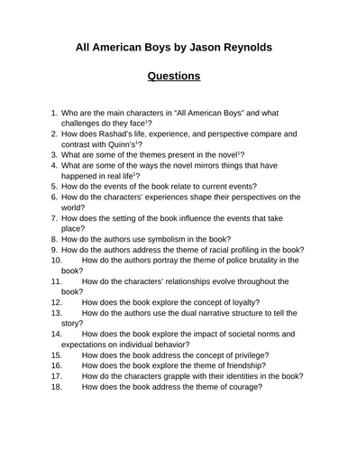 All American Boys. 40 Reading Comprehension Questions (Editable)