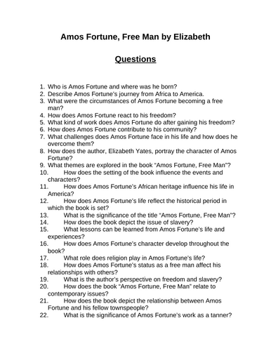 Amos Fortune, Free Man. 40 Reading Comprehension Questions (Editable)