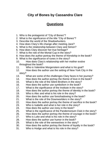 City of Bones. 40 Reading Comprehension Questions (Editable)
