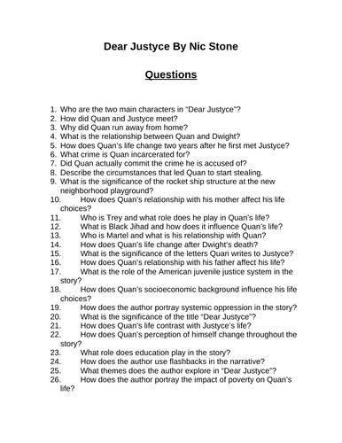 Dear Justyce. 40 Reading Comprehension Questions (Editable)