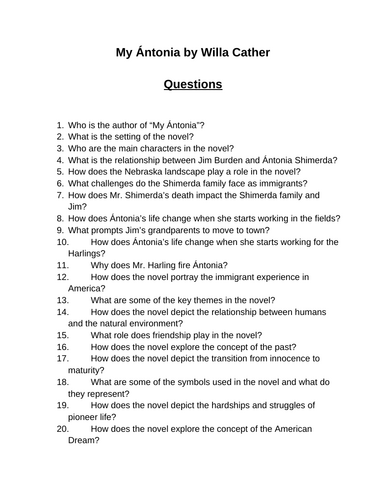 My Ántonia. 40 Reading Comprehension Questions (Editable)