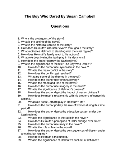The Boy Who Dared. 40 Reading Comprehension Questions (Editable)
