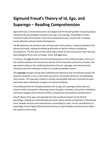 Sigmund Freud's Theory of Id, Ego, and Superego – Reading Comprehension