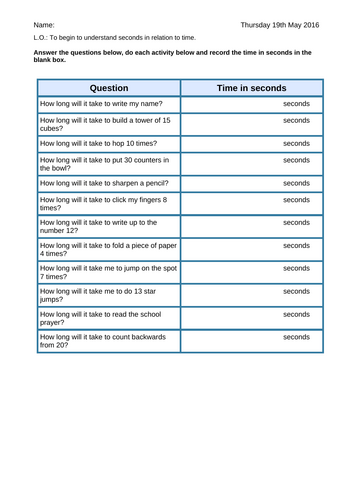 Seconds worksheet (Time topic)