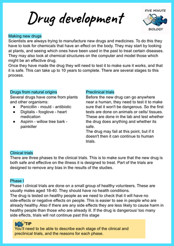 GCSE AQA Biology Triple Science Drug Development revision sheets Higher ...