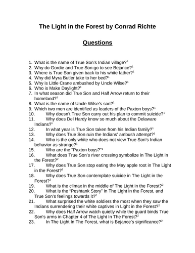 The Light in the Forest. 40 Reading Comprehension Questions (Editable)