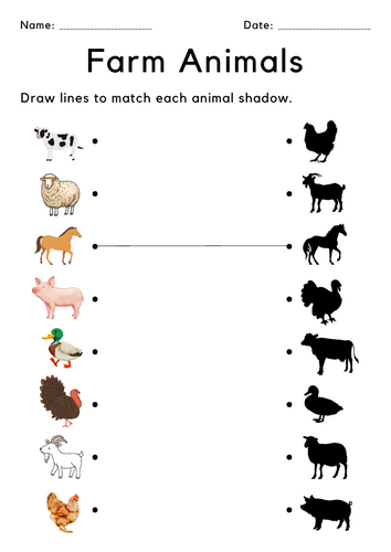 Printable animal shadow matching activity kindergarten worksheets for toddlers