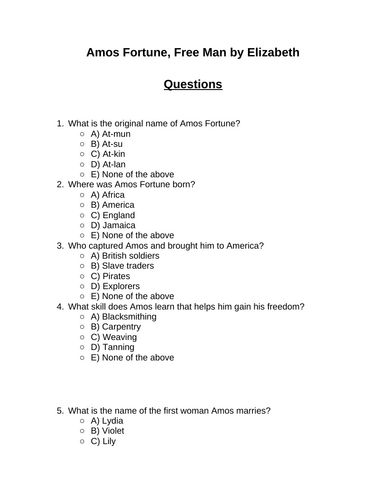 Amos Fortune, Free Man. 30 multiple-choice questions (Editable)
