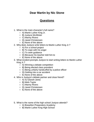 Dear Martin. 30 multiple-choice questions (Editable)