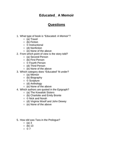 Educated_ A Memoir. 30 multiple-choice questions (Editable)