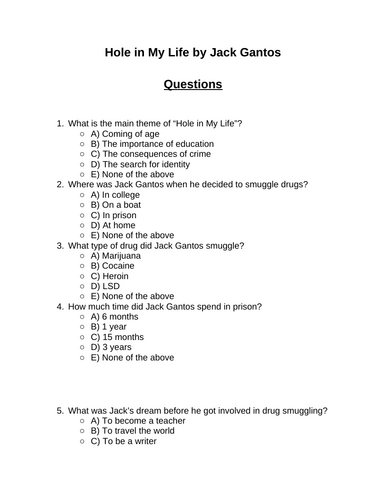 Hole in My Life. 30 multiple-choice questions (Editable)
