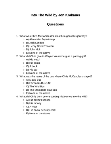 Into The Wild. 30 multiple-choice questions (Editable)