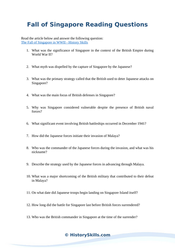 Fall of Singapore in WWII Reading Questions Worksheet