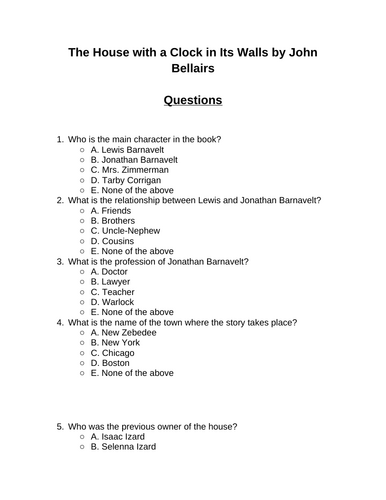 The House with a Clock in Its Walls. 30 multiple-choice questions (Editable)