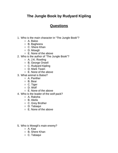 The Jungle Book. 30 multiple-choice questions (Editable)