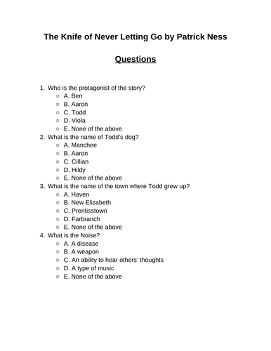The Knife of Never Letting Go. 30 multiple-choice questions (Editable)