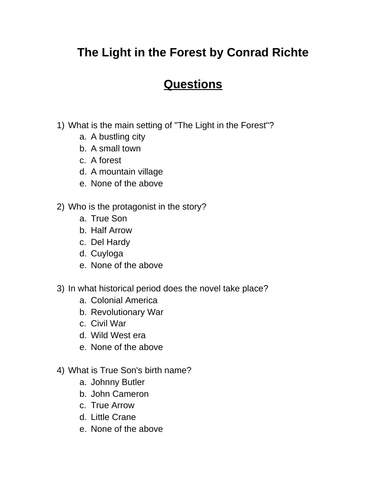 The Light in the Forest. 30 multiple-choice questions (Editable)