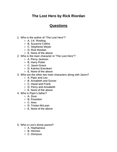 The Lost Hero. 30 multiple-choice questions (Editable) | Teaching Resources