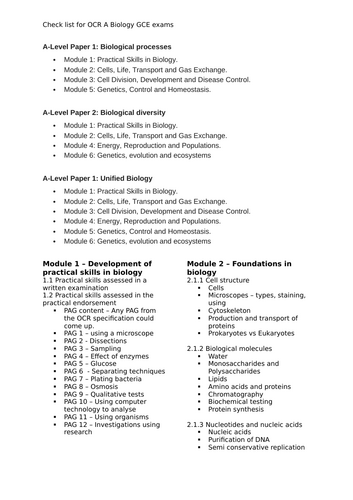 Check list of OCR A Biology A level | Teaching Resources