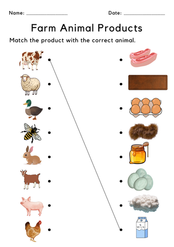 food kindergarten farm animals and their products worksheets