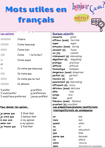 Liste de mots utiles en français (List of useful words in French)