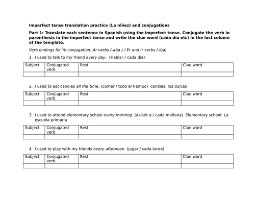 Imperfect tense translation practice (La niñez) and conjugations
