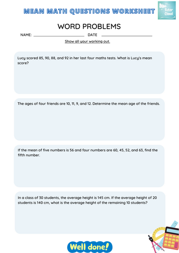 Mean Math Questions Worksheet