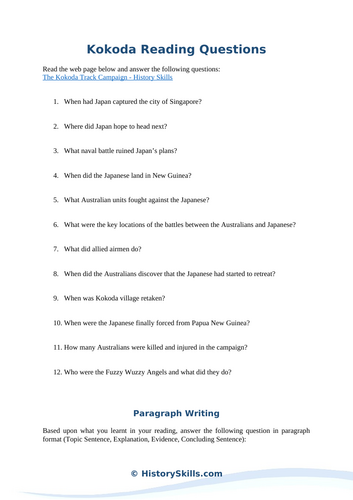 Kokoda Track Campaign of WWII Reading Questions Worksheet