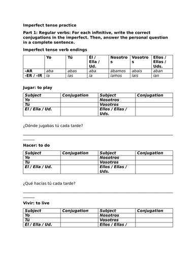Imperfect tense practice (Homework, Classwork, Quiz)