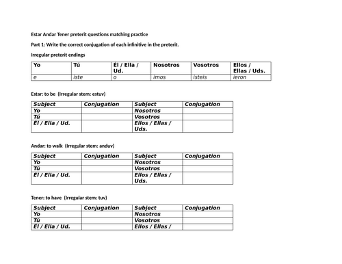 Estar Andar Tener preterit questions matching practice