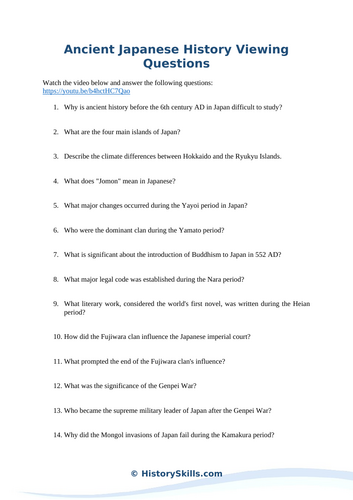 Ancient Japanese History Viewing Questions Worksheet