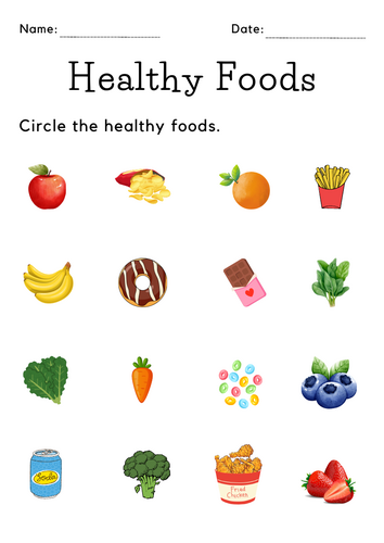 printable choosing healthy foods worksheet for kindergarten