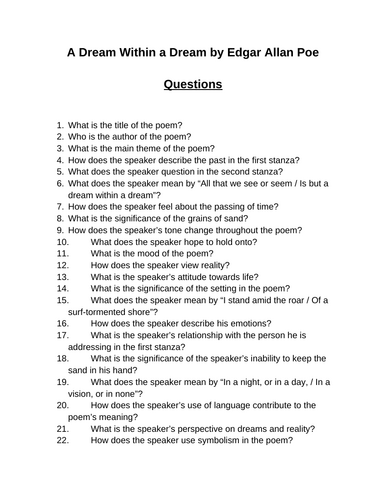 A Dream Within a Dream. 40 Reading Comprehension Questions (Editable)
