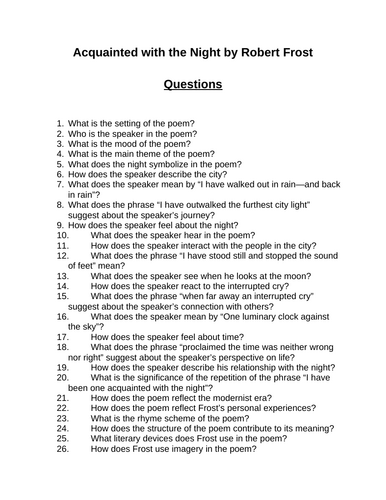 Acquainted with the Night. 40 Reading Comprehension Questions (Editable)