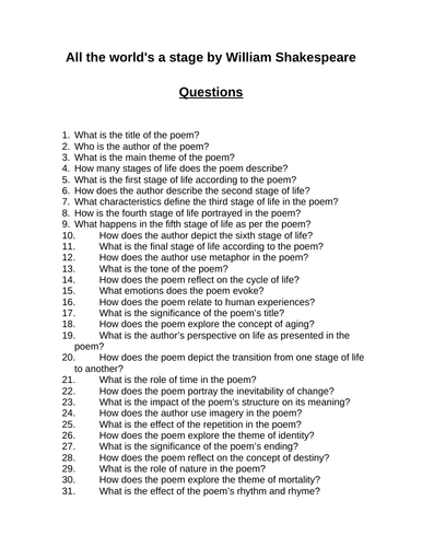 All the world's a stage. 40 Reading Comprehension Questions (Editable)