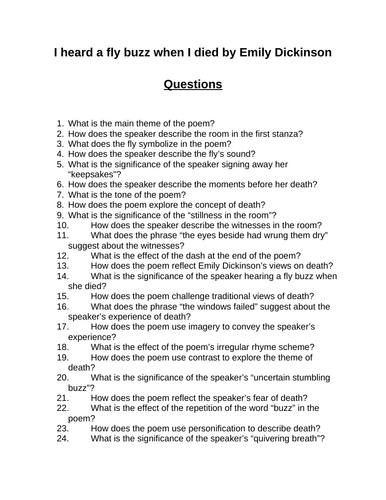I heard a fly buzz when I died. 40 Reading Comprehension Questions (Editable)
