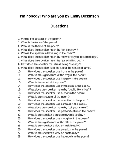 I'm nobody! Who are you. 40 Reading Comprehension Questions (Editable)