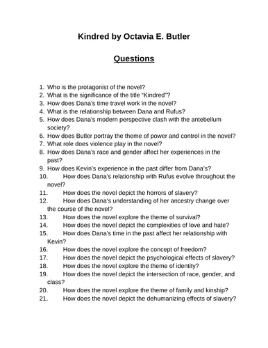 Kindred. 40 Reading Comprehension Questions (Editable)