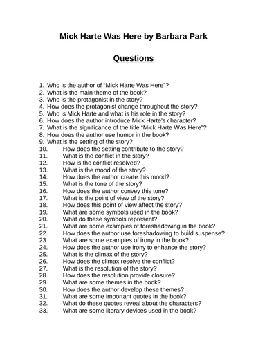 Mick Harte Was Here. 40 Reading Comprehension Questions (Editable)