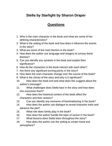 Stella by Starlight. 40 Reading Comprehension Questions (Editable)