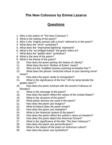 The New Colossus. 40 Reading Comprehension Questions (Editable)