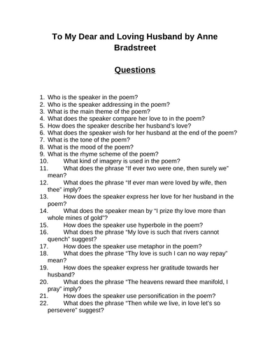 To My Dear and Loving Husband. 40 Reading Comprehension Questions (Editable)
