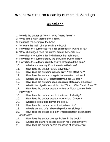 When I Was Puerto Rican. 40 Reading Comprehension Questions (Editable)