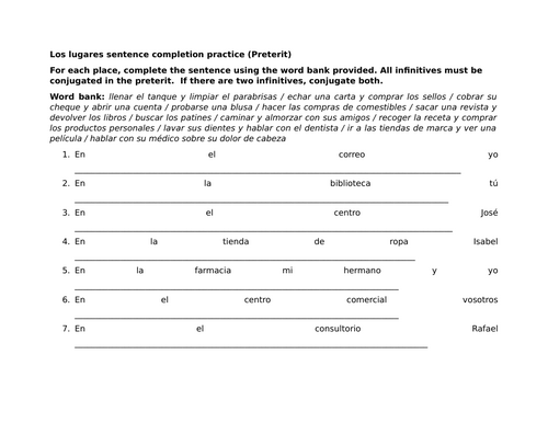 Los lugares sentence completion practice (Preterit)