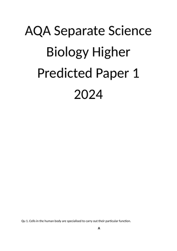 AQA GCSE Separate Biology Higher Paper 1 predicted paper 2024