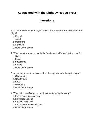 Acquainted with the Night. 30 multiple-choice questions (Editable)