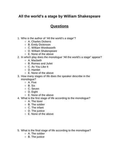 All the world's a stage. 30 multiple-choice questions (Editable)