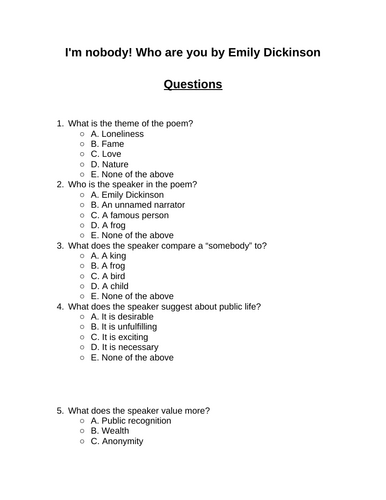 I'm nobody! Who are you. 30 multiple-choice questions (Editable)