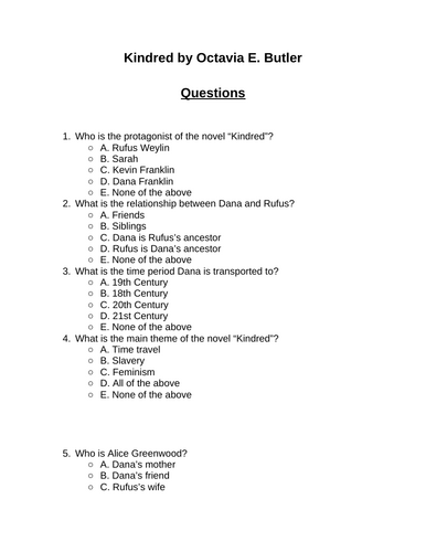 Kindred. 30 multiple-choice questions (Editable)