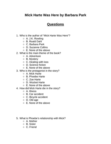 Mick Harte Was Here. 30 multiple-choice questions (Editable)